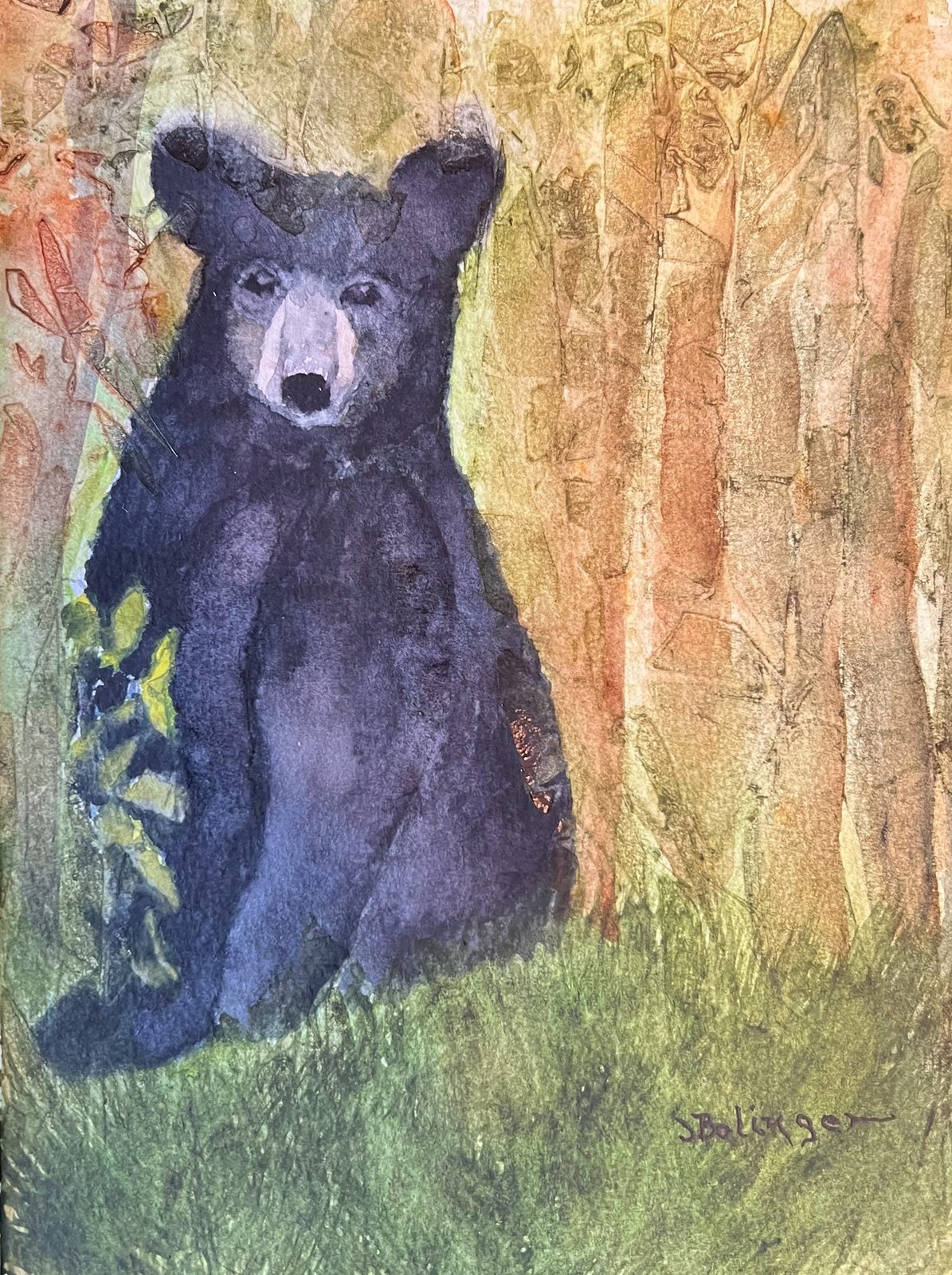 Bear in the birches, watercolor by Judy Bolinger