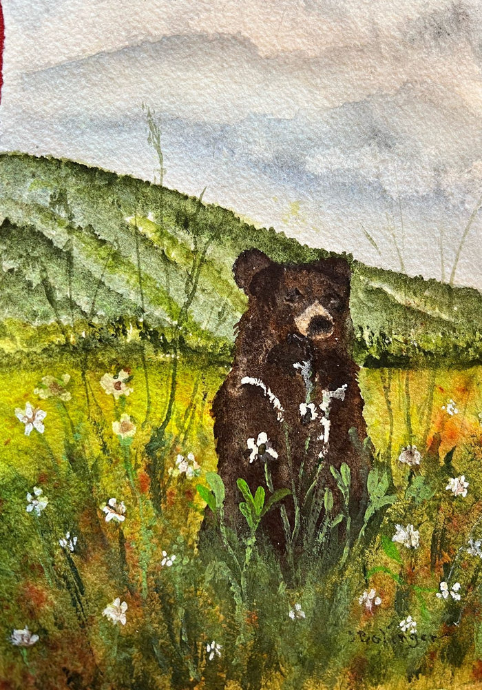 Bear in the wildflowers, watercolor by Judy Bolinger