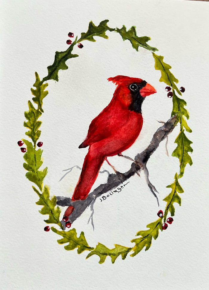 Cardinal wreath, watercolor by Judy Bolinger