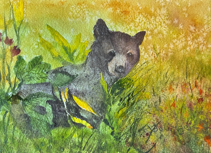 Cub in the wildflowers, watercolor by Judy Bolinger