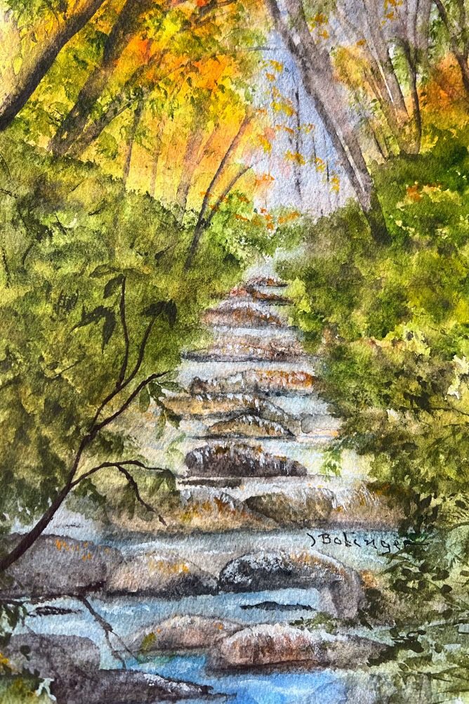 Forest stream, watercolor by Judy Bolinger