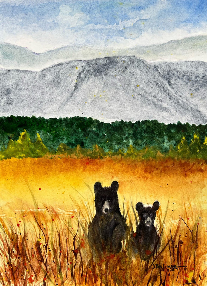 Bears in the meadow, watercolor by Judy Bolinger