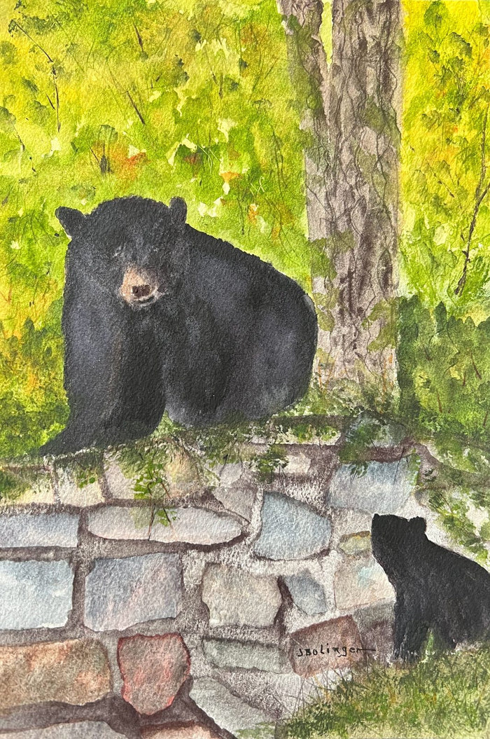 Bears on the stone wall, watercolor by Judy Bolinger