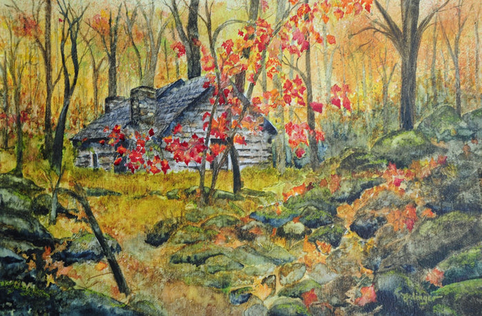 Cabin in autumn, watercolor by Judy Bolinger