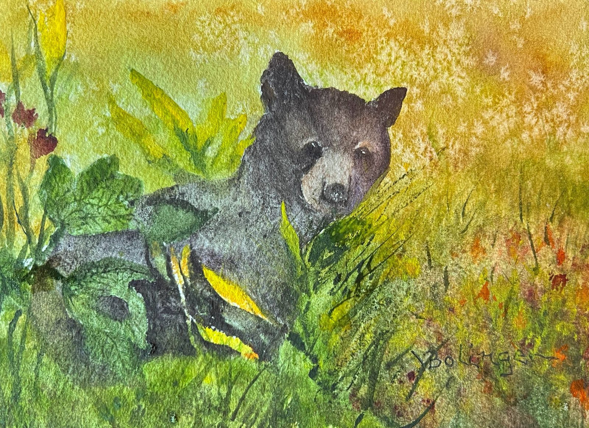 Cub in the wildflowers, watercolor by Judy Bolinger