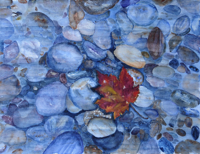 Leaf on the river stones, watercolor by Judy Bolinger