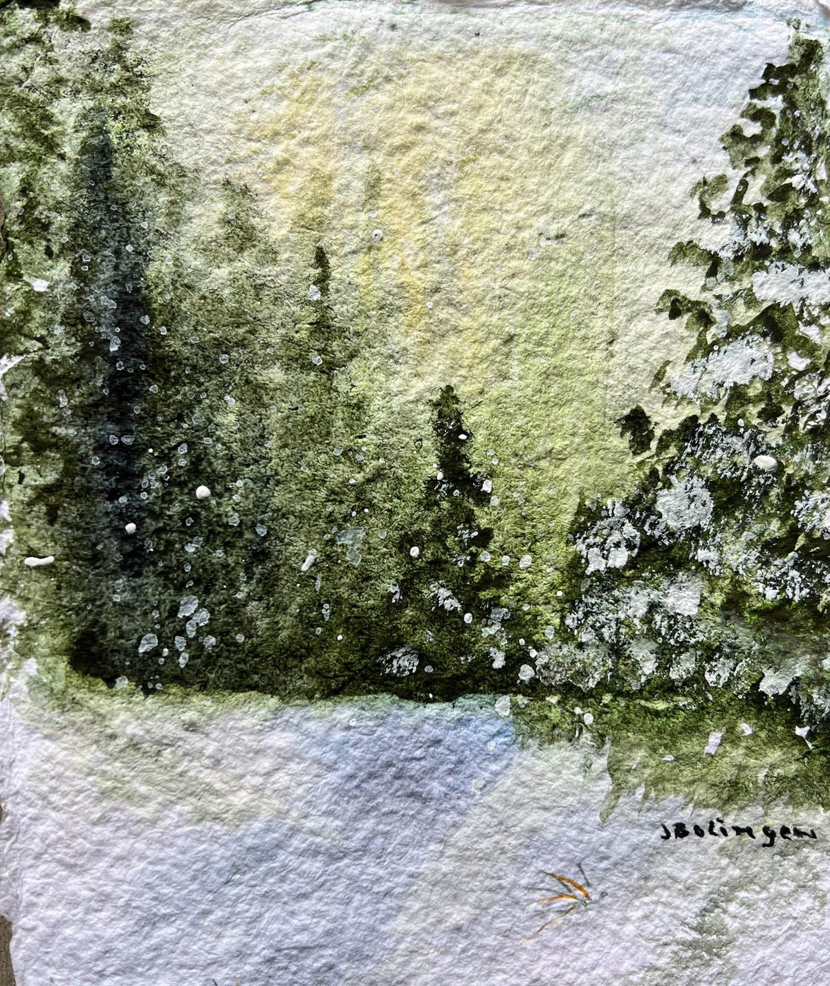 Snow on the pines, watercolor by Judy Bolinger